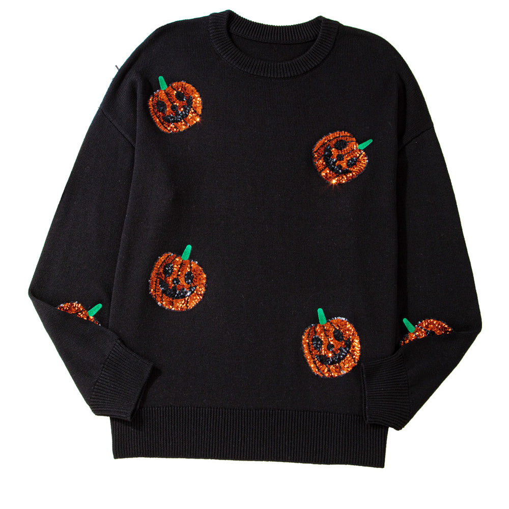 
                      
                        Black Plus Size Halloween Sequined Pumpkin Pattern Sweater
                      
                    