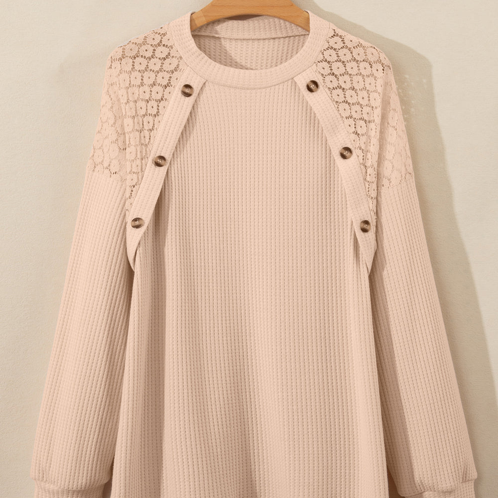 
                      
                        Beige Plus Size Lace Patchwork Waffle Knit Top
                      
                    