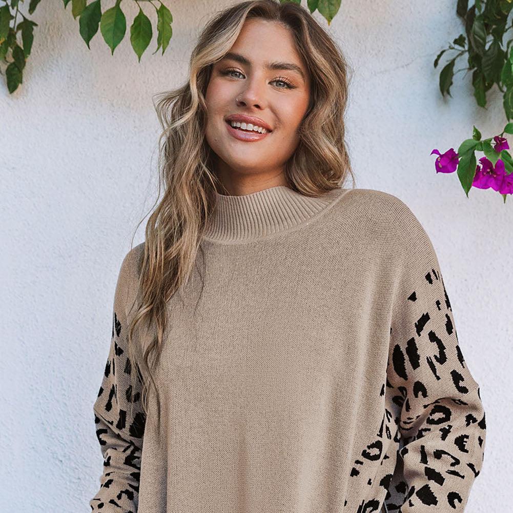 Khaki Leopard High Neck Oversized Sweater