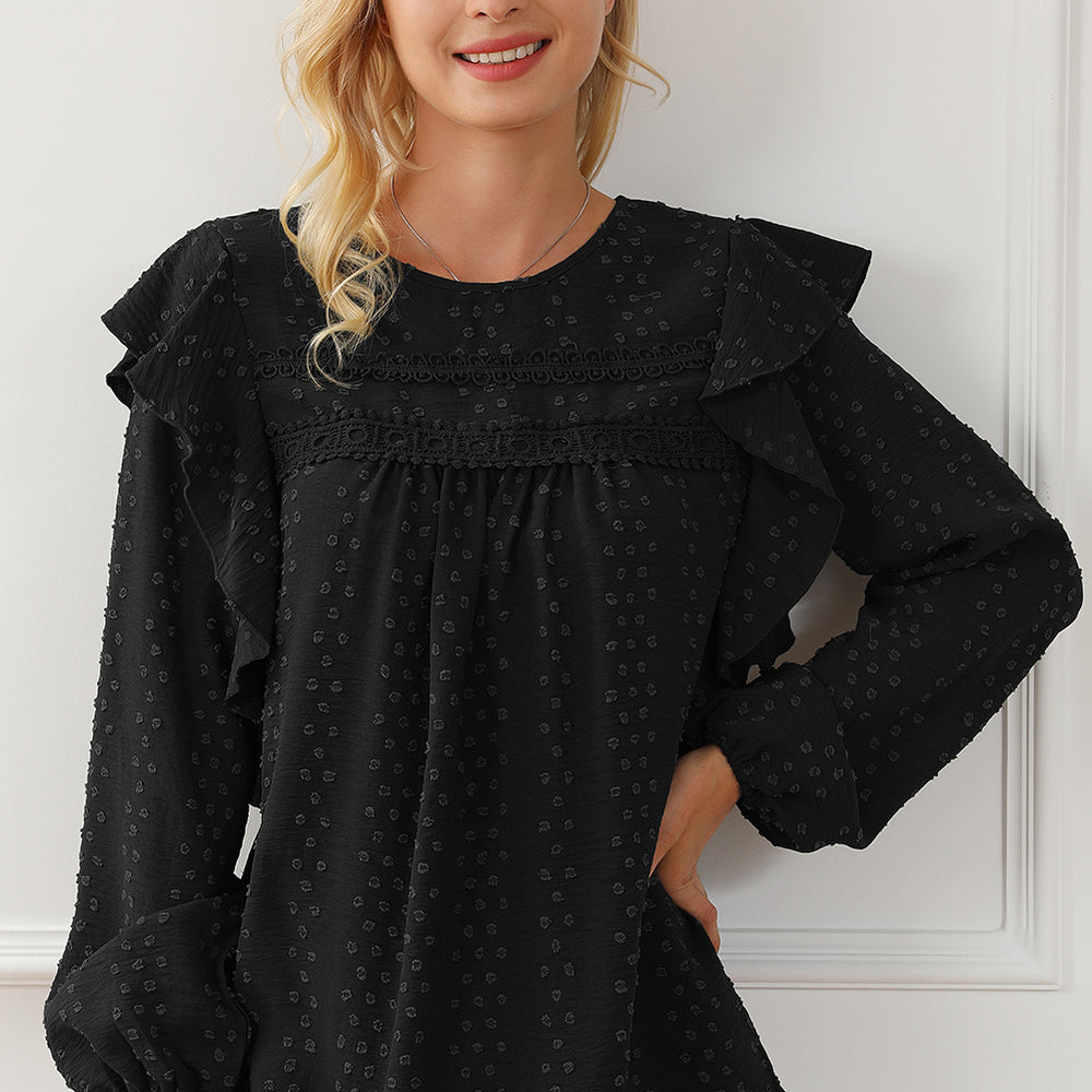 
                      
                        Black Lace Eyelet Ruffle Shoulder Long Sleeve Blouse
                      
                    