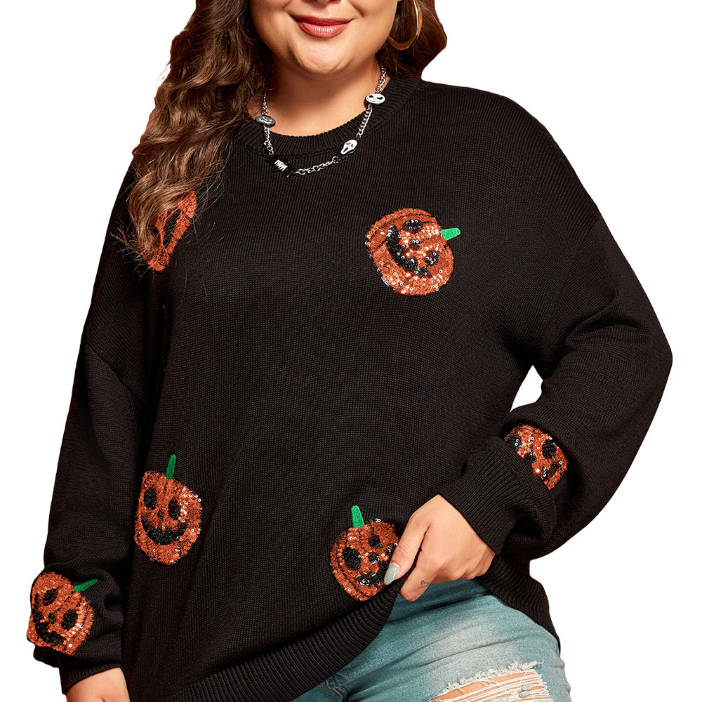 
                      
                        Black Plus Size Halloween Sequined Pumpkin Pattern Sweater
                      
                    