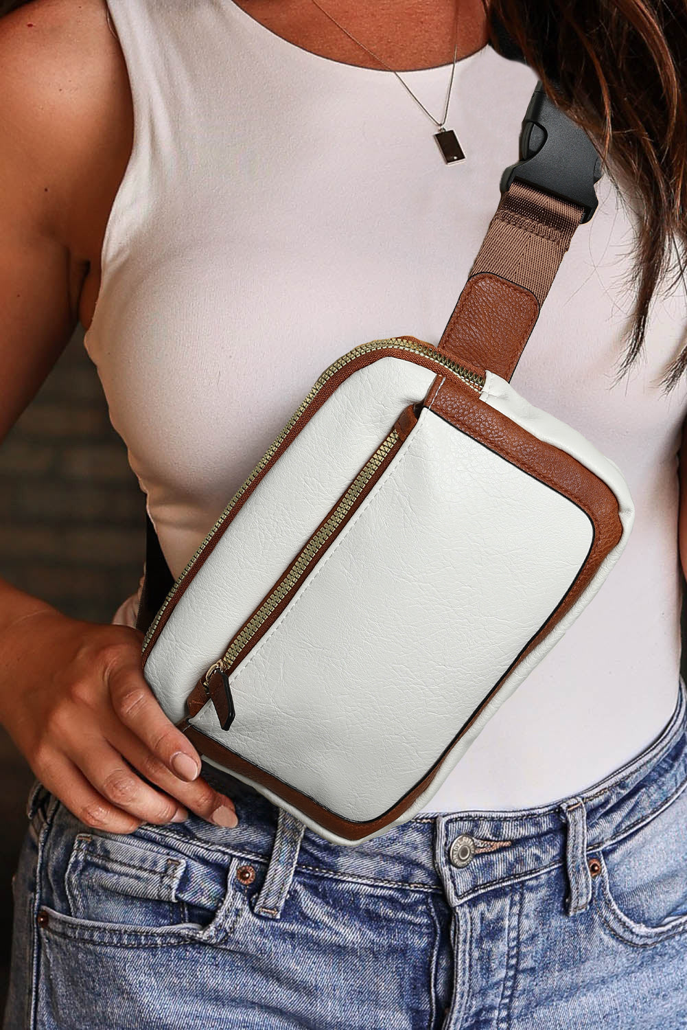 White Mini PU Leather Crossbody Bag with Adjustable Strap