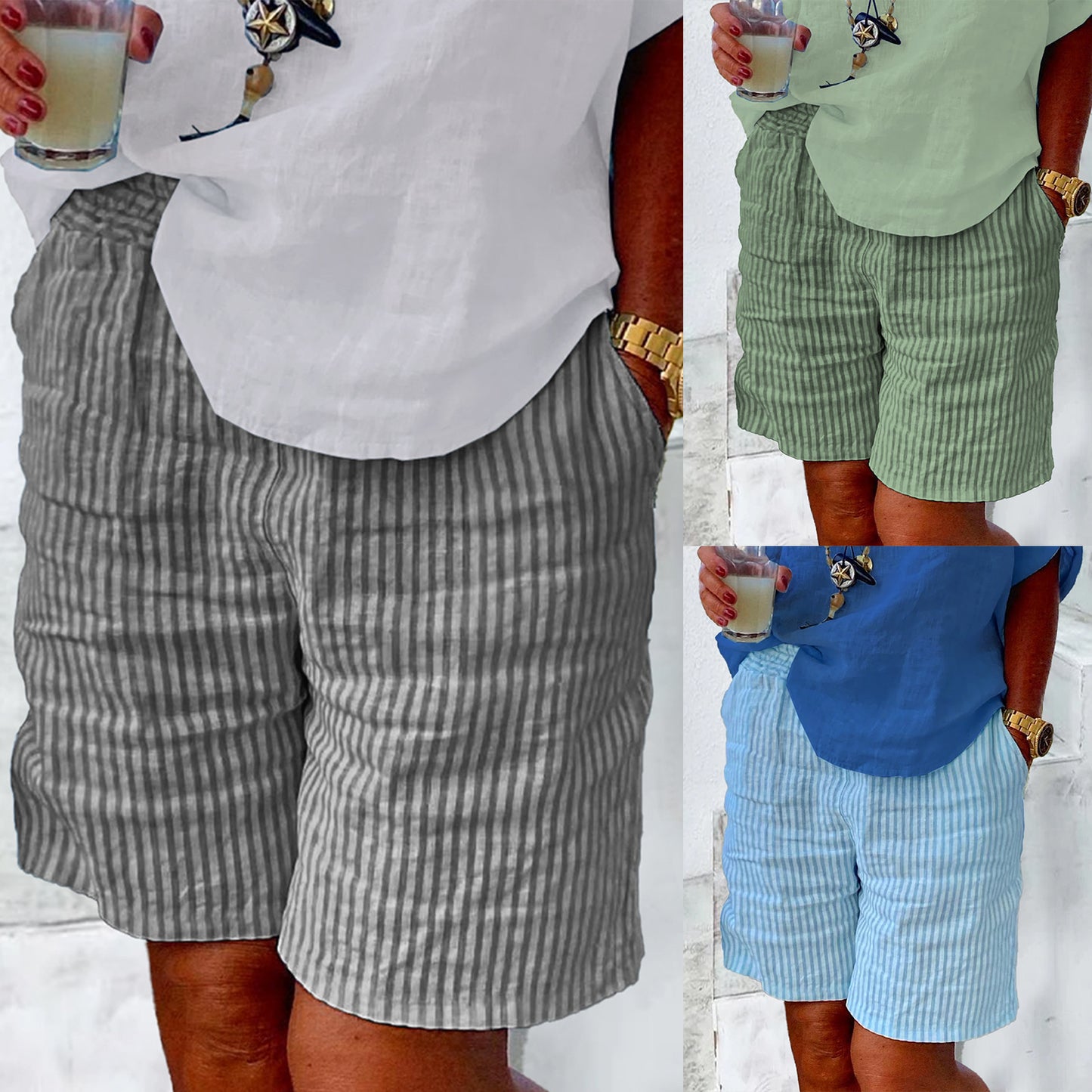 Casual Loose Linen Shorts for Beach - Striped Thin Pants