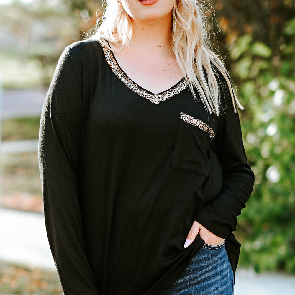 
                      
                        Black Long Sleeve Sequined V Neck Plus Size Top
                      
                    