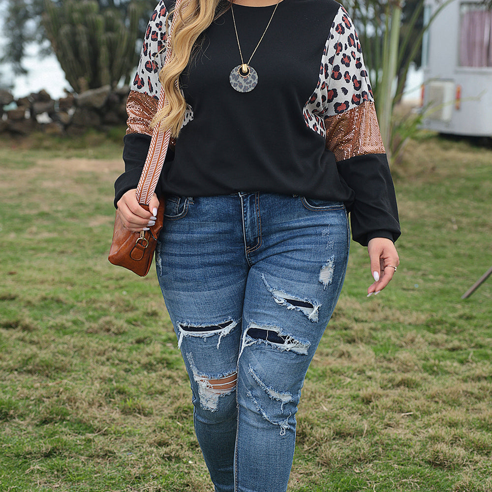 
                      
                        Black Leopard Sequin Patch Plus Size Long Sleeve Top
                      
                    