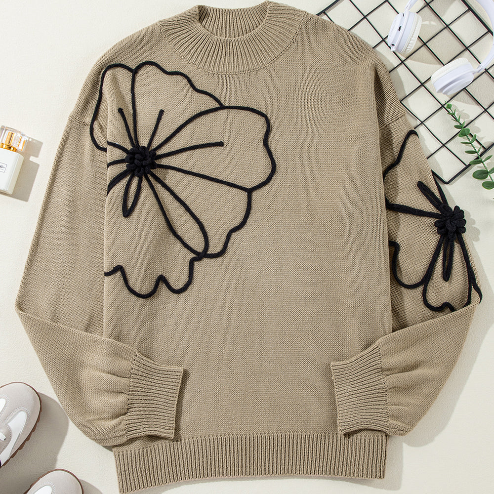 Dark Khaki High Neck Plus Size Sweater with Big Flower Pattern