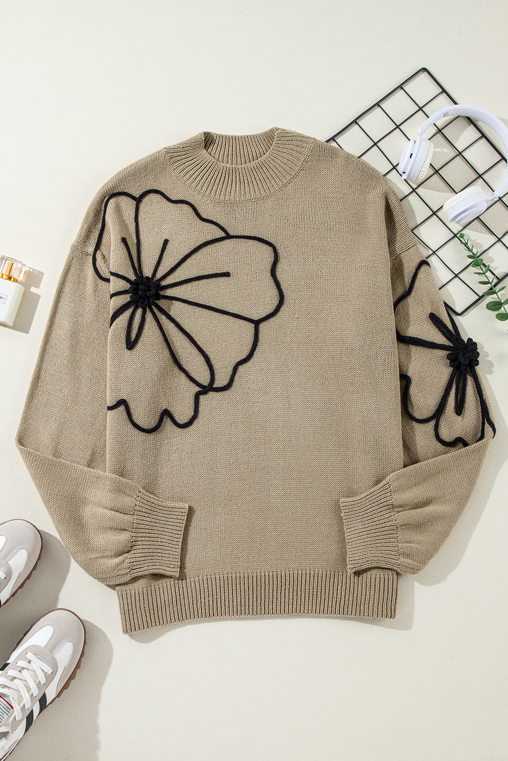 Dark Khaki High Neck Plus Size Sweater with Big Flower Pattern