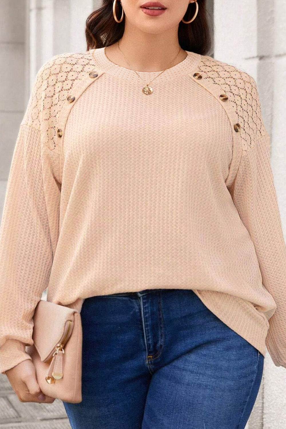 Beige Plus Size Lace Patchwork Waffle Knit Top