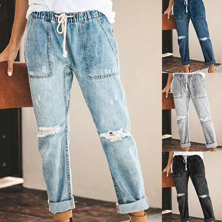 Women's Drawstring Fashion Jeans with Pockets