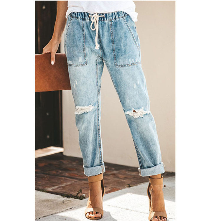 Women's Drawstring Fashion Jeans with Pockets