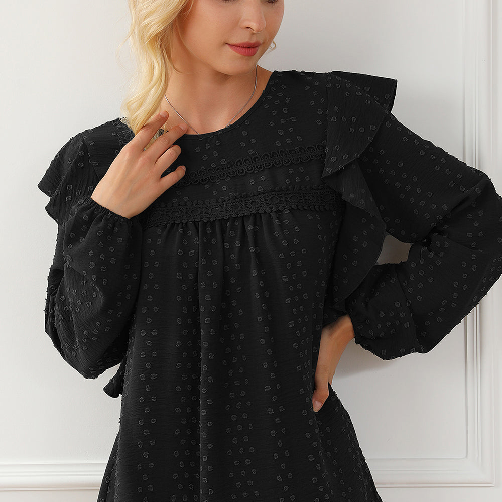 
                      
                        Black Lace Eyelet Ruffle Shoulder Long Sleeve Blouse
                      
                    