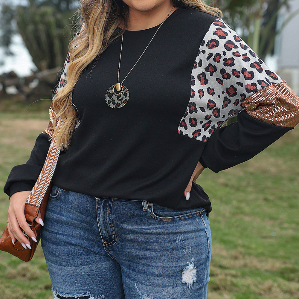 
                      
                        Black Leopard Sequin Patch Plus Size Long Sleeve Top
                      
                    