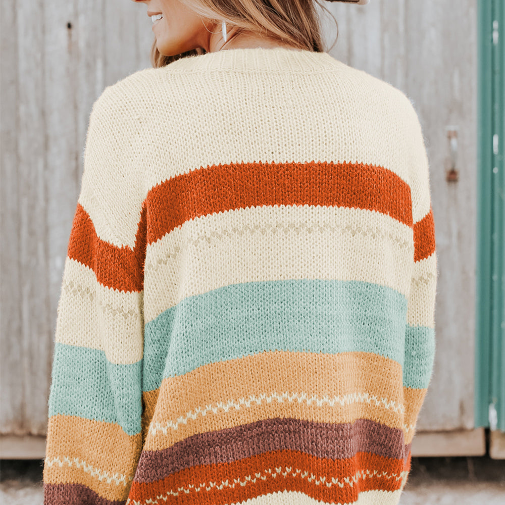 Striped Color Block Crew Neck Sweater