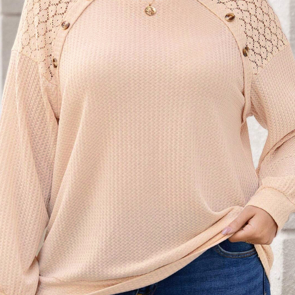 
                      
                        Beige Plus Size Lace Patchwork Waffle Knit Top
                      
                    