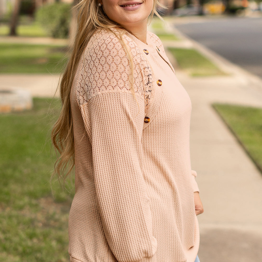 
                      
                        Beige Plus Size Lace Patchwork Waffle Knit Top
                      
                    