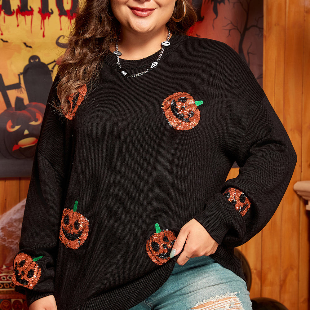 
                      
                        Black Plus Size Halloween Sequined Pumpkin Pattern Sweater
                      
                    