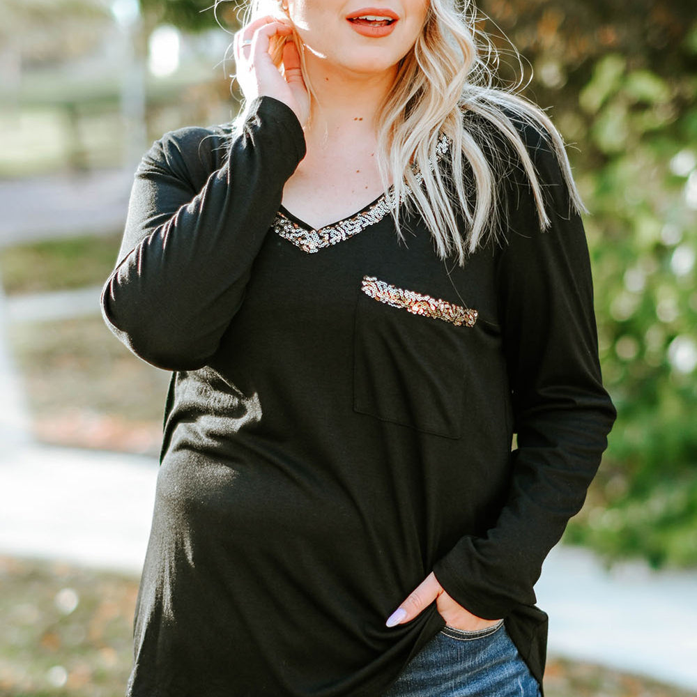 
                      
                        Black Long Sleeve Sequined V Neck Plus Size Top
                      
                    