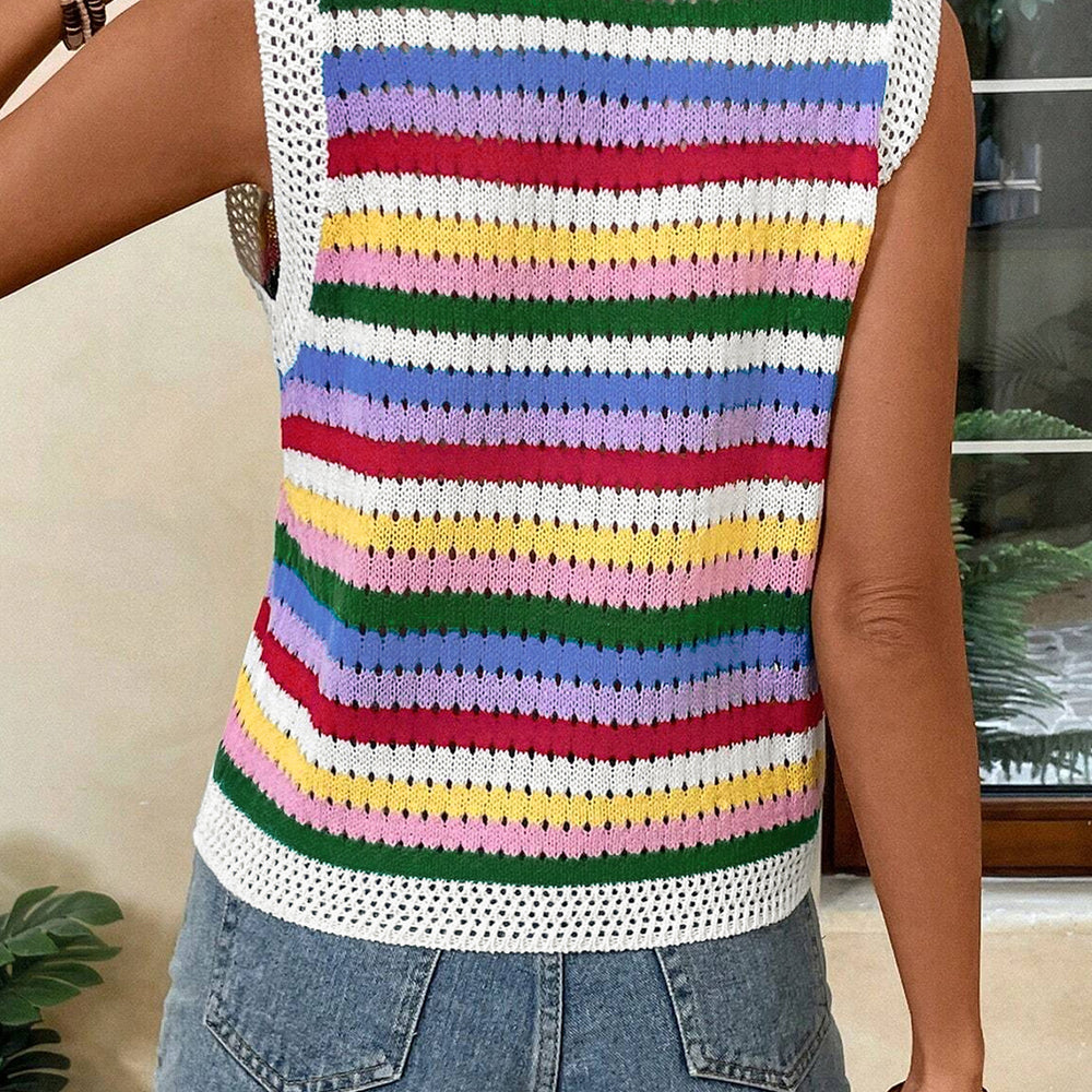 Multicolour Striped Knitted Eyelet Slim Sweater Vest