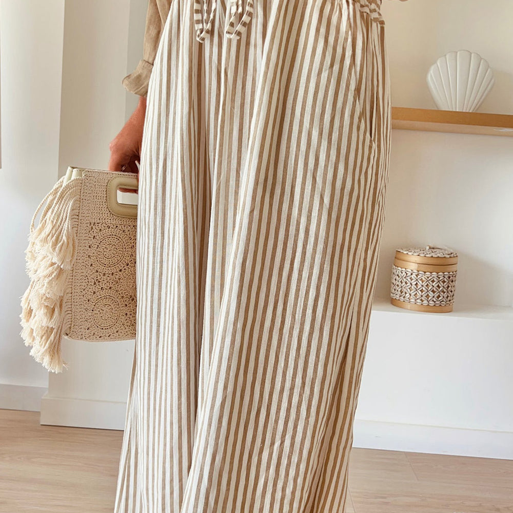 Plus Size Khaki Striped Wide Leg Pants