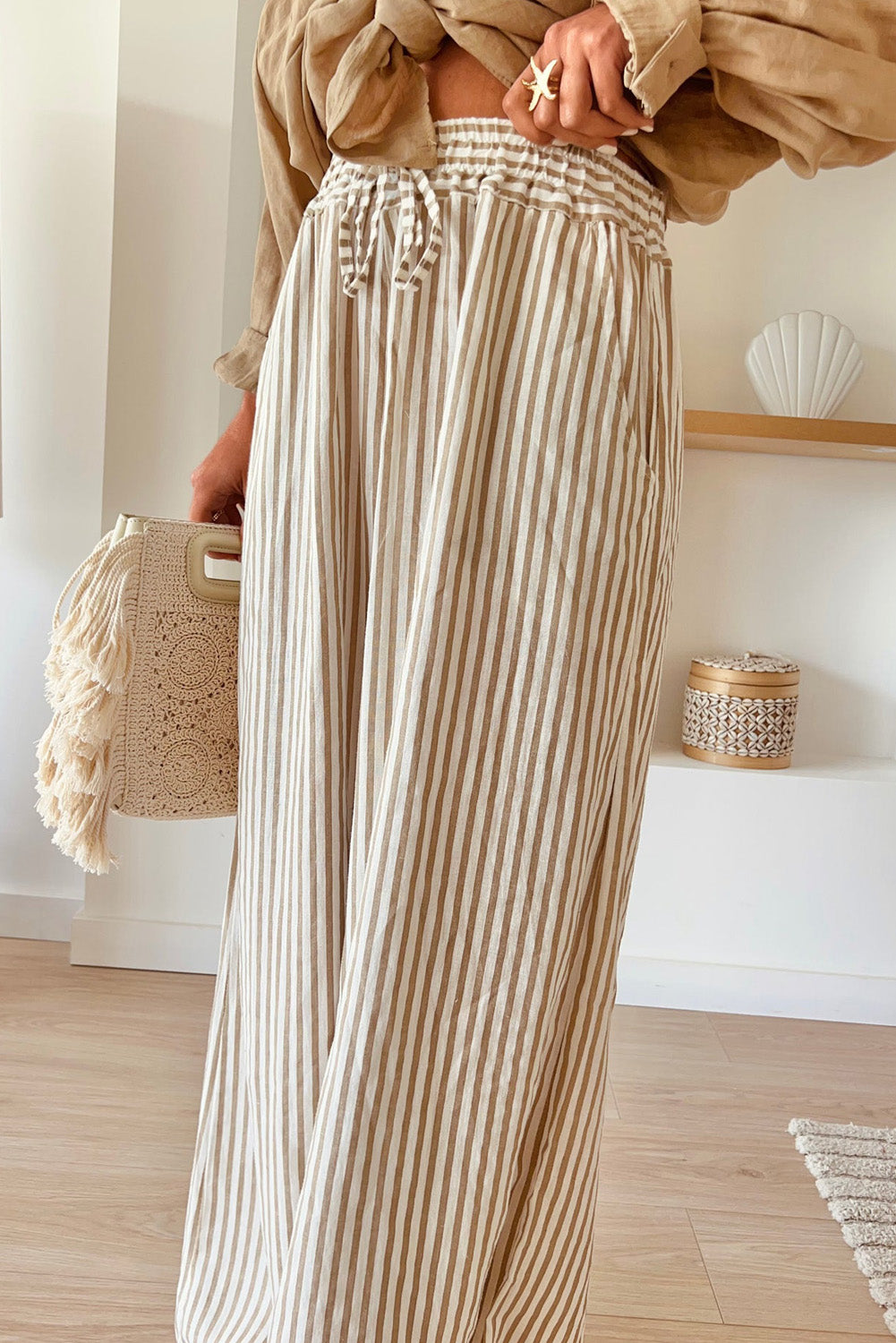 Plus Size Khaki Striped Wide Leg Pants