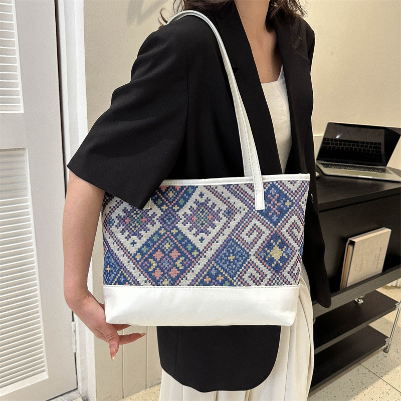 Retro Ethnic Style Casual Contrast Color Shoulder Large Capacity Presbyopic Tote Bag