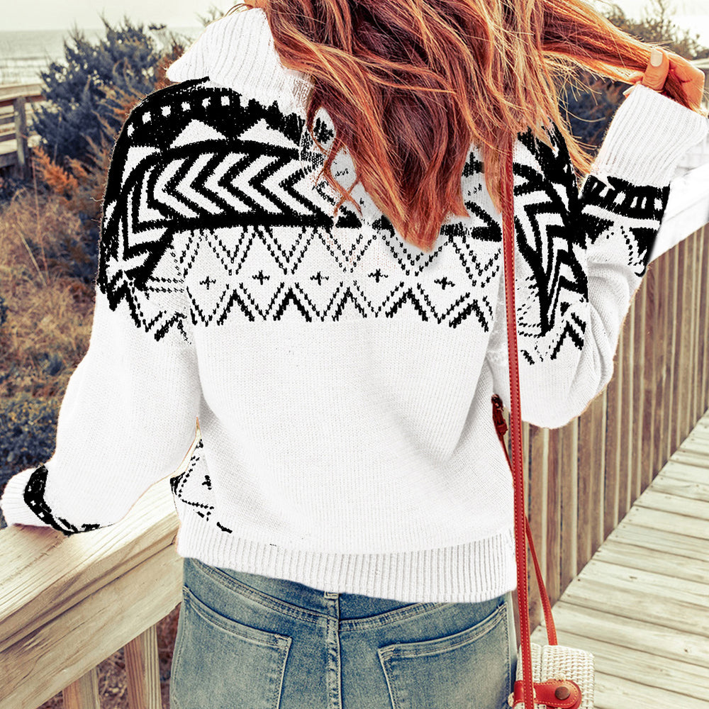 White Geometry Knit Quarter Zip Sweater