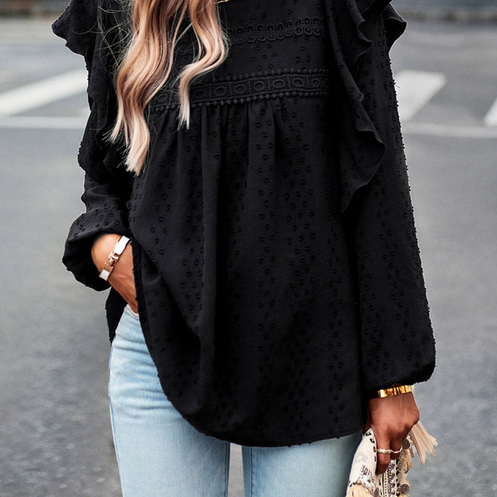 
                      
                        Black Lace Eyelet Ruffle Shoulder Long Sleeve Blouse
                      
                    