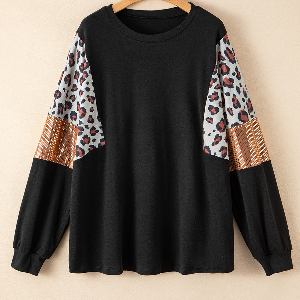 
                      
                        Black Leopard Sequin Patch Plus Size Long Sleeve Top
                      
                    