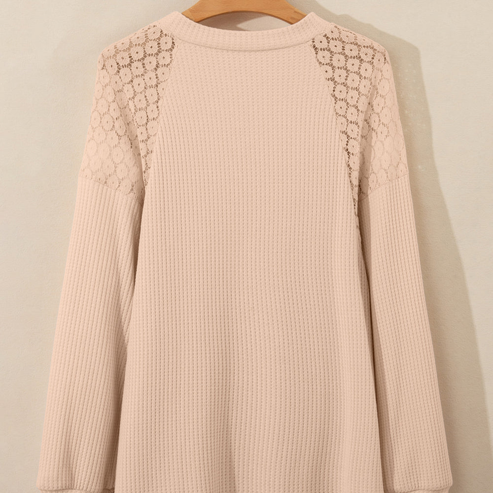 
                      
                        Beige Plus Size Lace Patchwork Waffle Knit Top
                      
                    