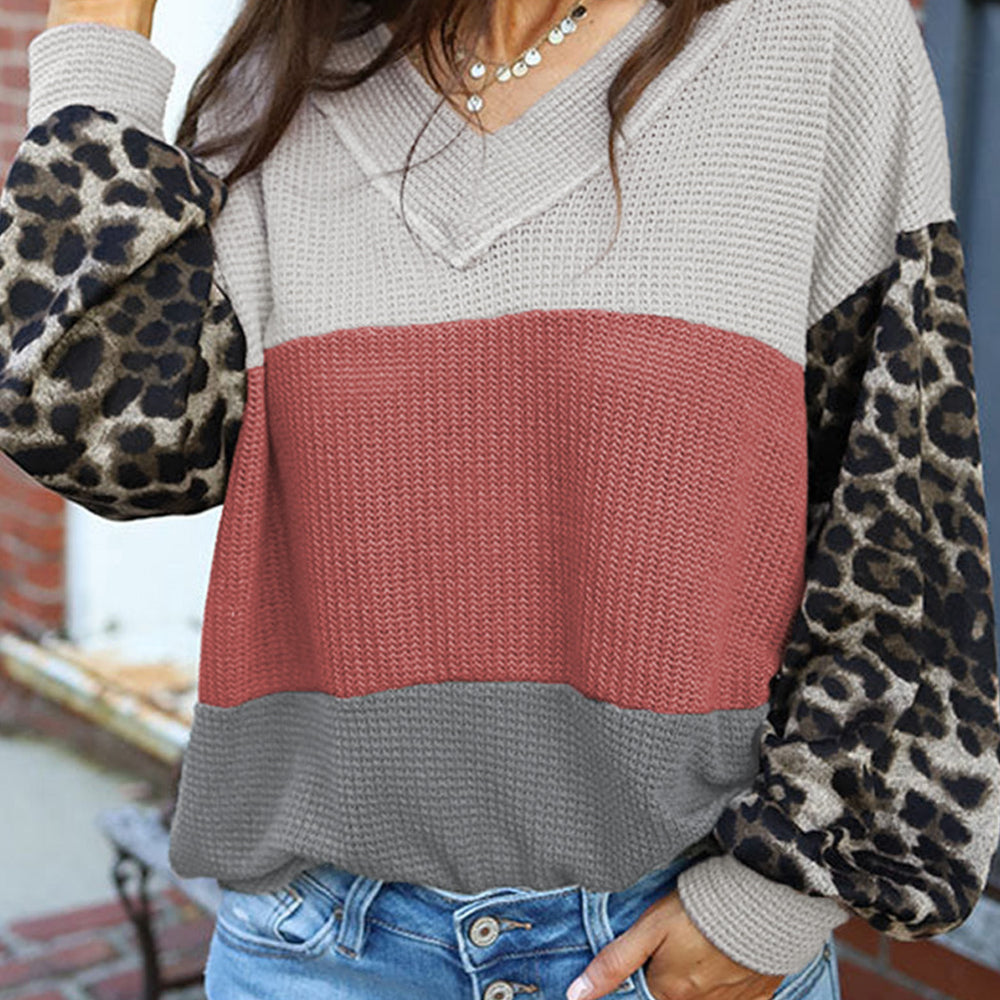 Fiery Red Wild Leopard Contrast Sleeve Colorblock Waffle Knit Top