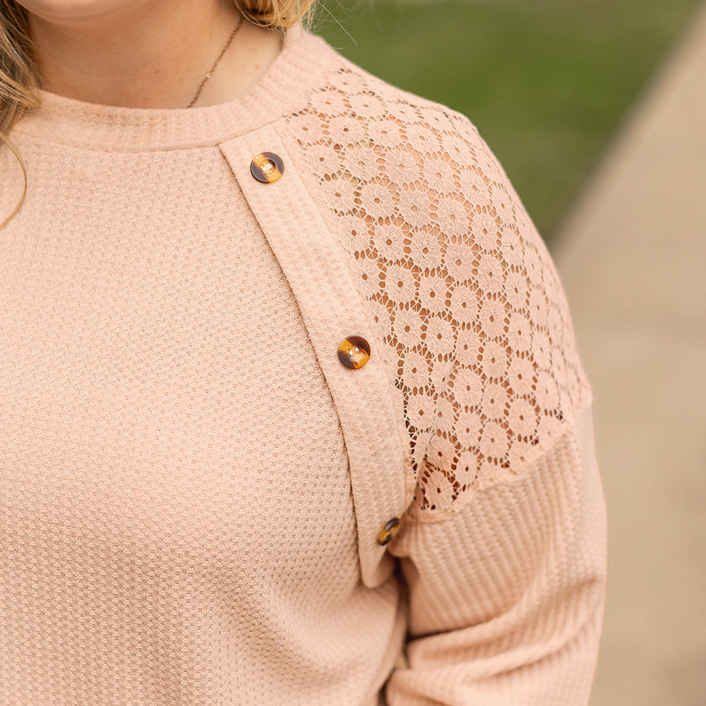 
                      
                        Beige Plus Size Lace Patchwork Waffle Knit Top
                      
                    