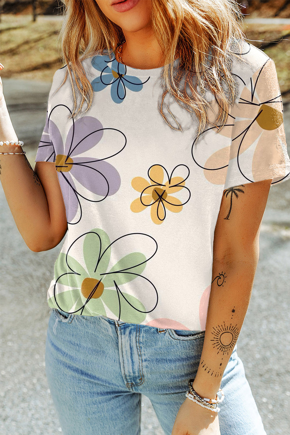 Beige Floral Print Summer Tee