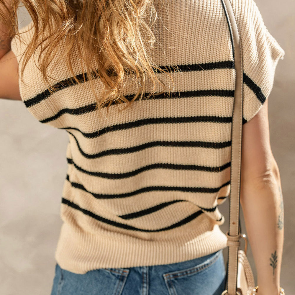 Parchment Striped Ribbed Knit High Neck Sweater