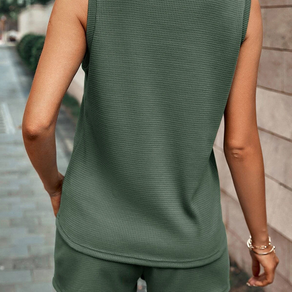 Mist Green Waffle Knit Patched Pocket Tank and Drawstring Shorts Set