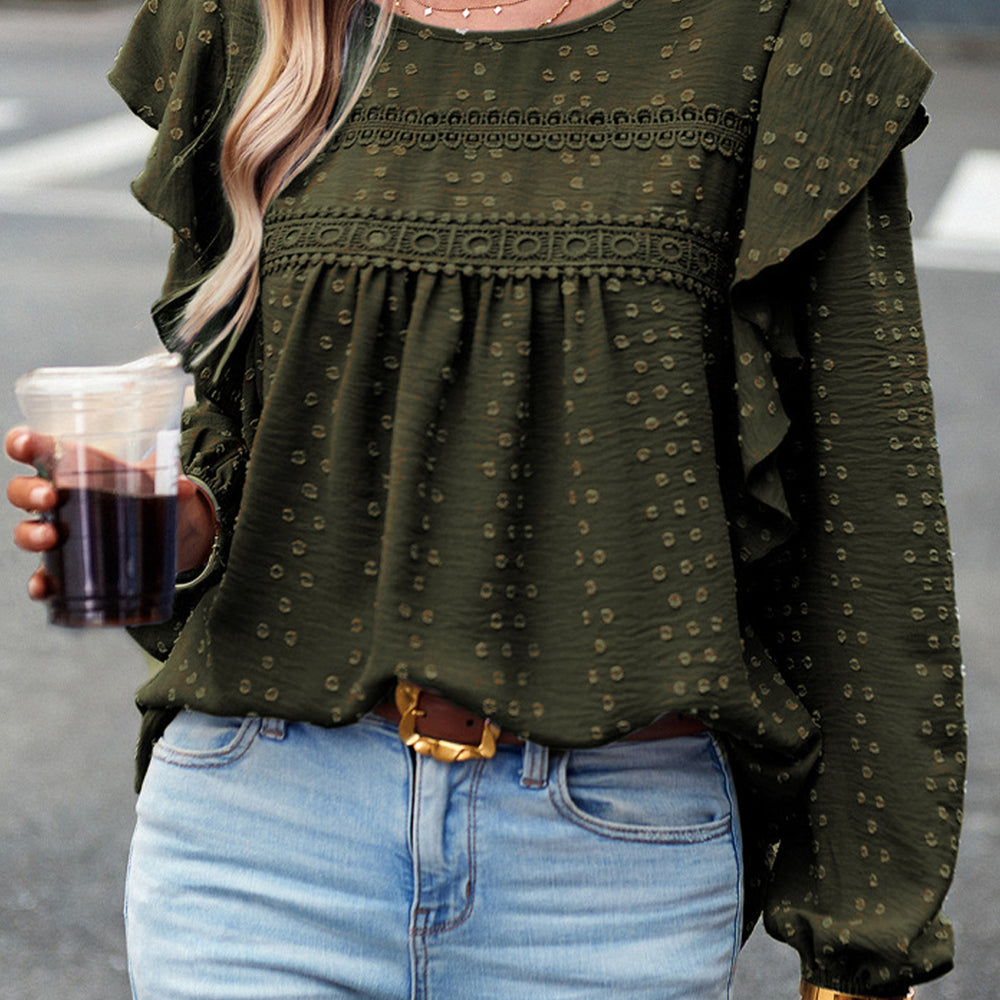 
                      
                        Black Lace Eyelet Ruffle Shoulder Long Sleeve Blouse
                      
                    