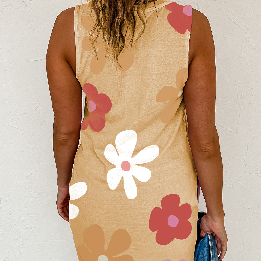 Apricot Daisy Flower Print Tank Dress