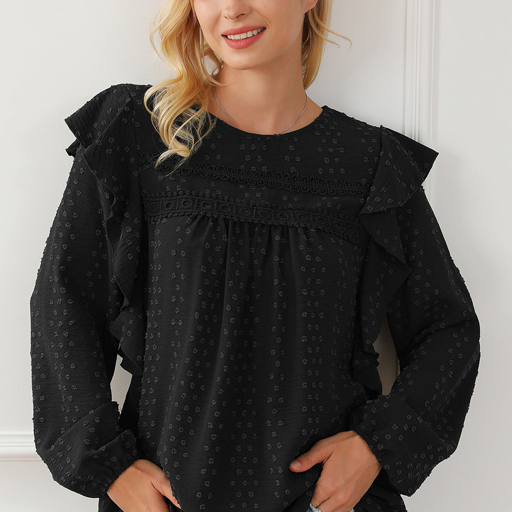 
                      
                        Black Lace Eyelet Ruffle Shoulder Long Sleeve Blouse
                      
                    