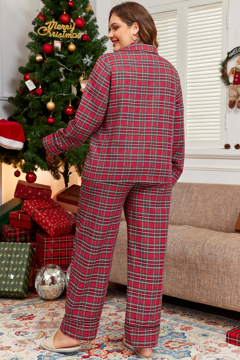 Red Plaid Plus Size Lounge Set - Shirt & Pants