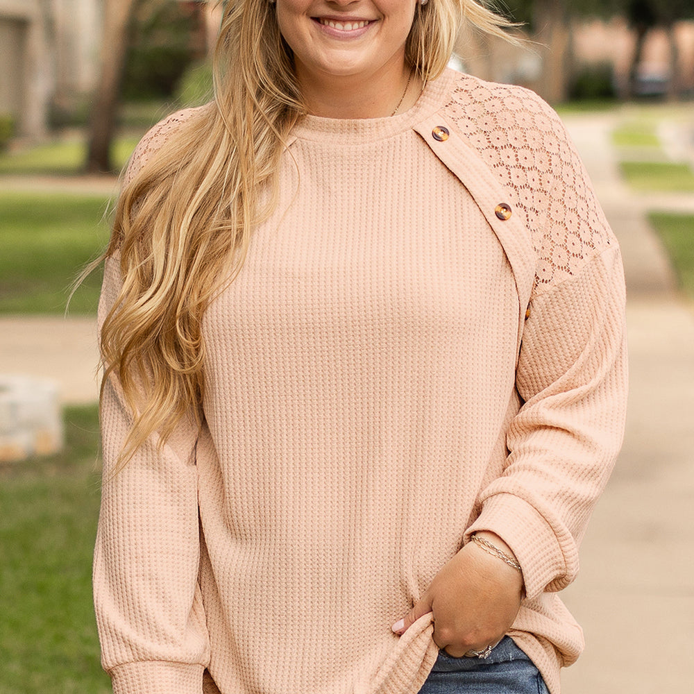 
                      
                        Beige Plus Size Lace Patchwork Waffle Knit Top
                      
                    