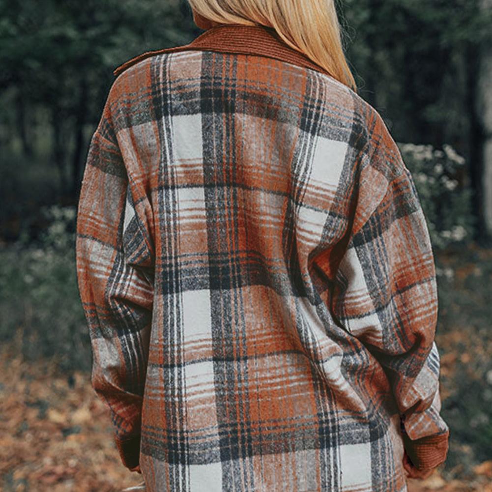 Cinnamon Plaid Corduroy Patchwork Chest Pocket Shacket