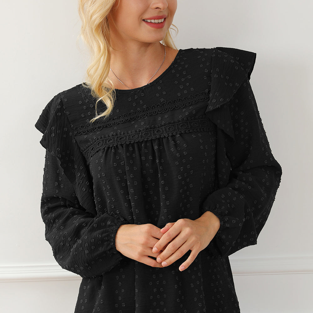 
                      
                        Black Lace Eyelet Ruffle Shoulder Long Sleeve Blouse
                      
                    