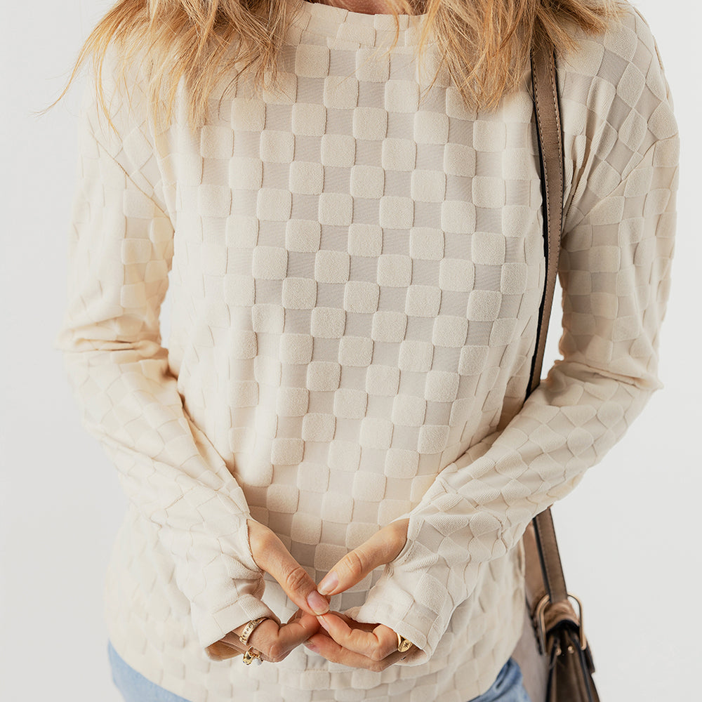 
                      
                        Beige Solid Textured Thumbhole Sleeve Top
                      
                    