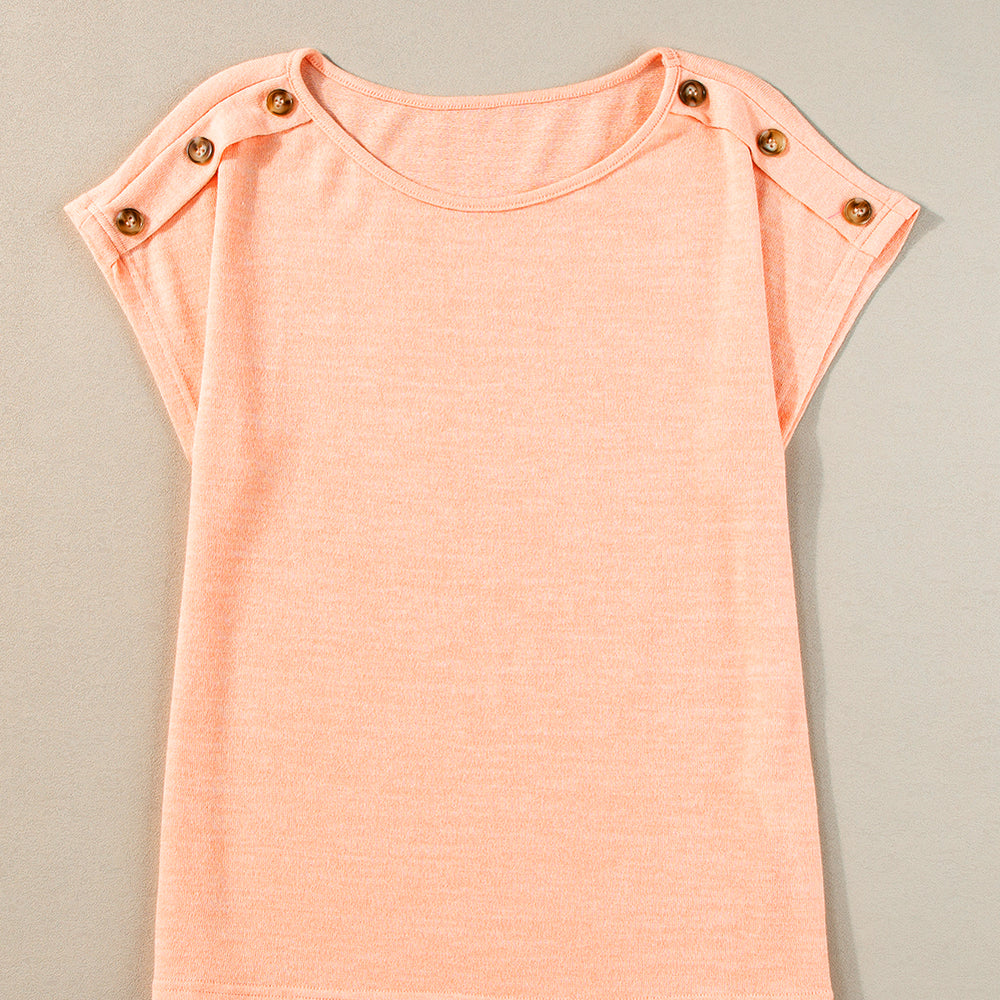 
                      
                        Apricot Pink Batwing Sleeve Tee - Button Detail Casual Top
                      
                    