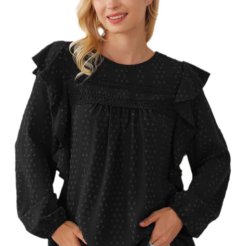 
                      
                        Black Lace Eyelet Ruffle Shoulder Long Sleeve Blouse
                      
                    