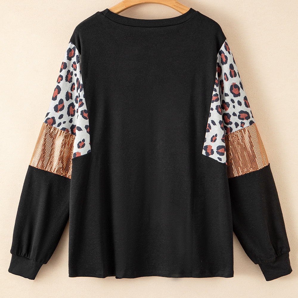 
                      
                        Black Leopard Sequin Patch Plus Size Long Sleeve Top
                      
                    