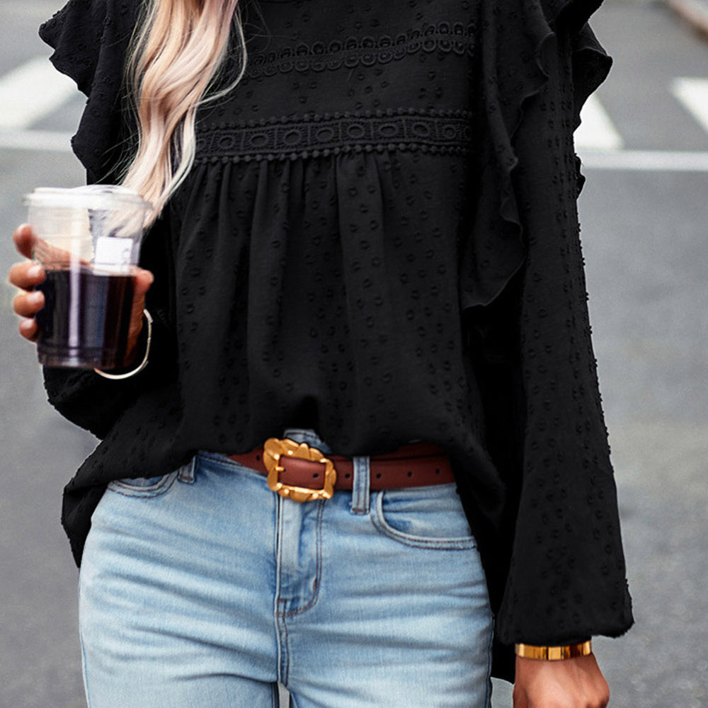 
                      
                        Black Lace Eyelet Ruffle Shoulder Long Sleeve Blouse
                      
                    