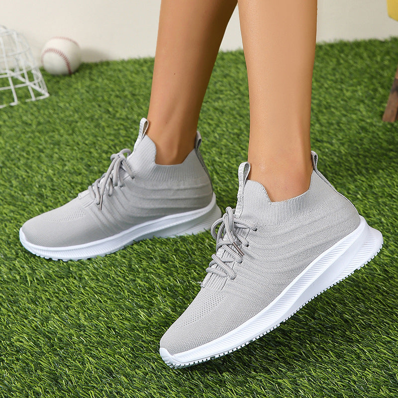 Women'S Spring Thick Bottom Solid Color Sneaker Lace-Up Lightweight Breathable Shoes