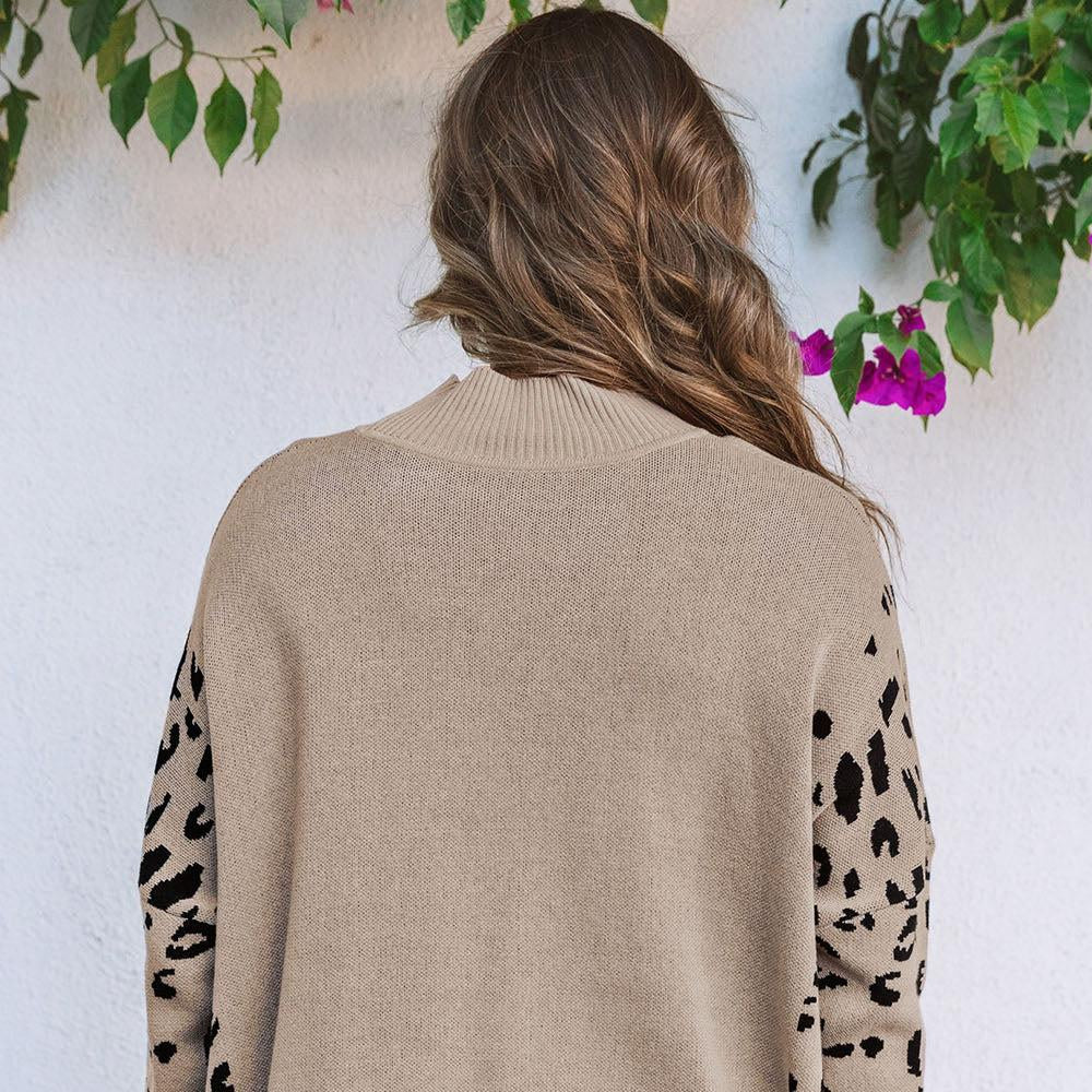 Khaki Leopard High Neck Oversized Sweater