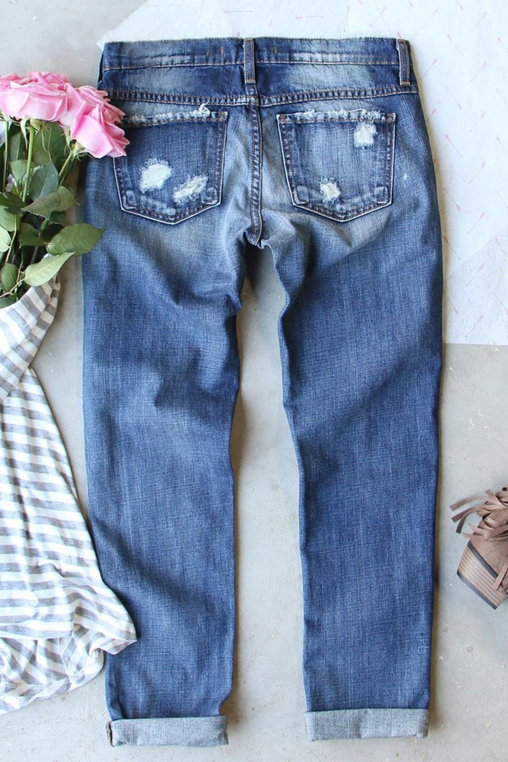 Sky Blue Sequin Rugby Patch Distressed Jeans