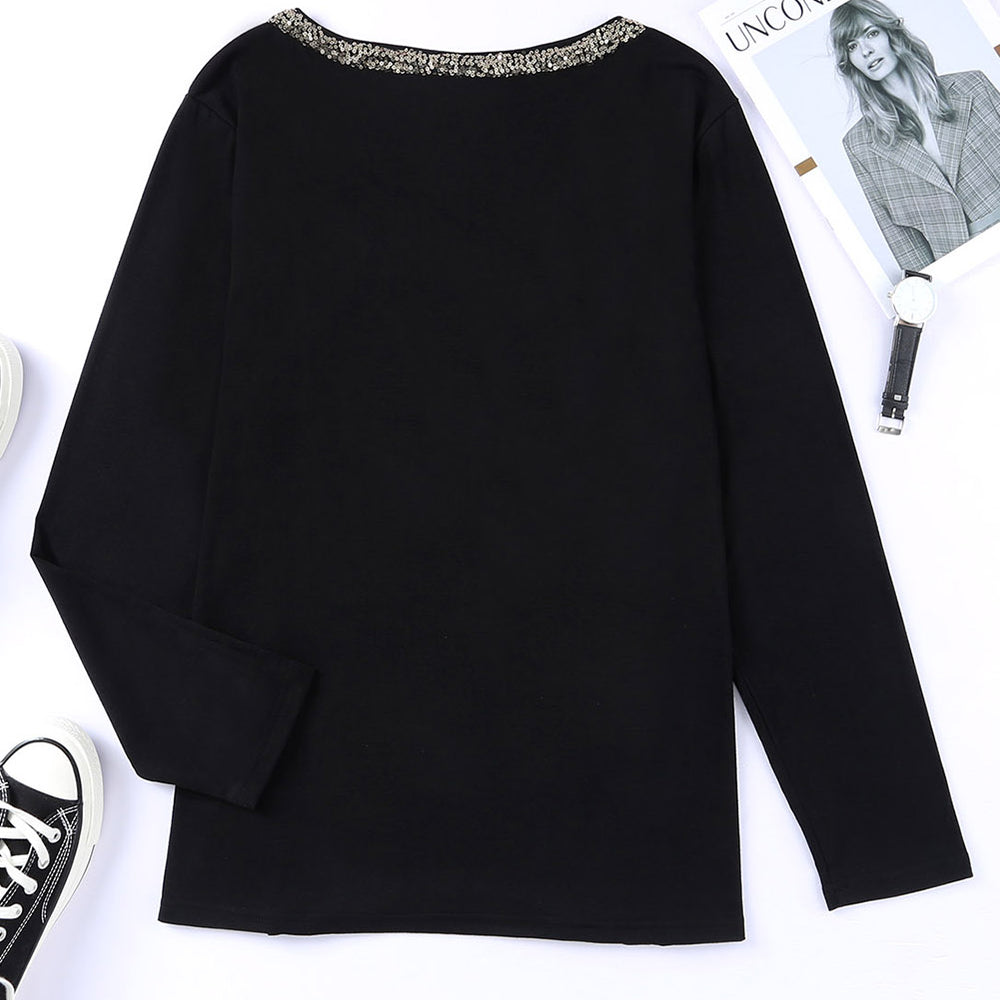 
                      
                        Black Long Sleeve Sequined V Neck Plus Size Top
                      
                    